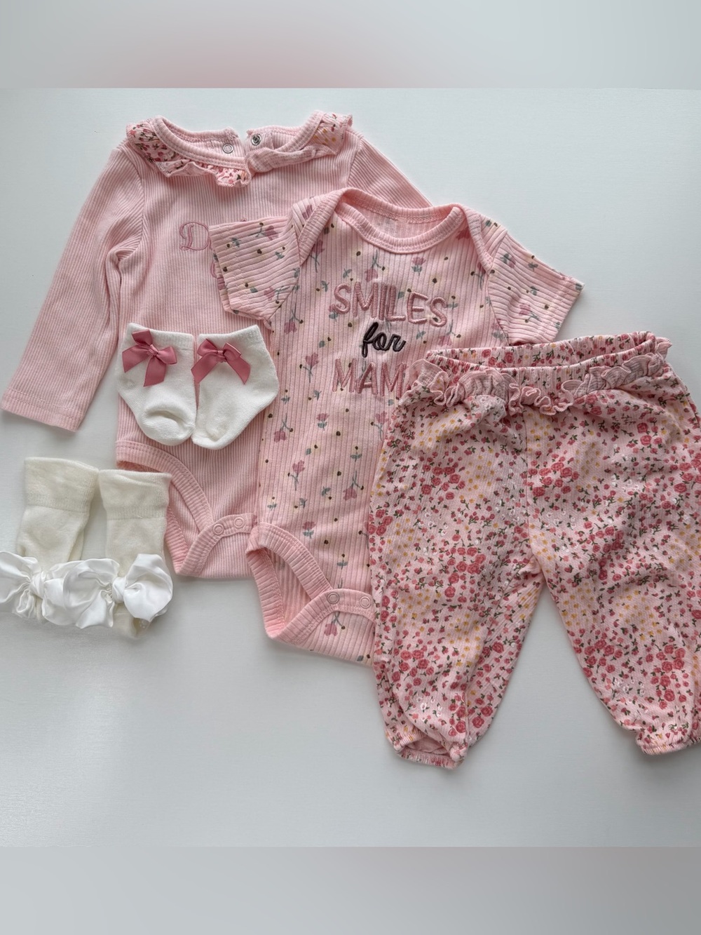 Baby Girl 6 Pc Outfit Set 3-6M Pink Floral Bodysuits Pants Socks